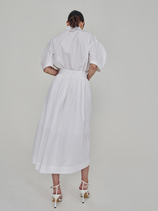 Front Open Cotton Pleats Skirt White