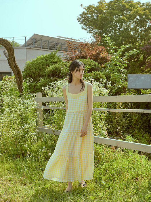 summer check sleeveless long dress(yellow)