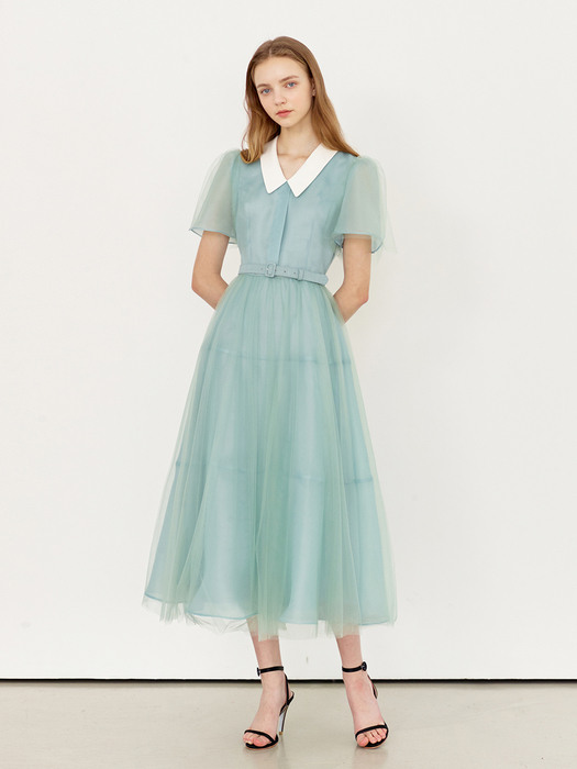 [미전시]DIAMANT Silk collar detail tulle dress (Mint)