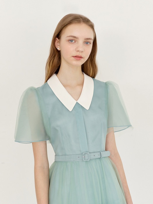 [미전시]DIAMANT Silk collar detail tulle dress (Mint)
