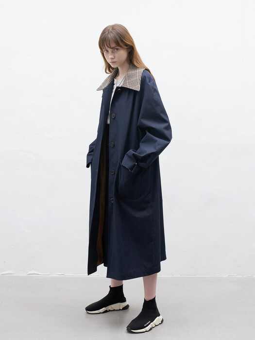 21 Fall_Navy Check Collar Oversized Trench Coat