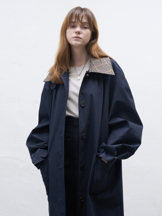 21 Fall_Navy Check Collar Oversized Trench Coat