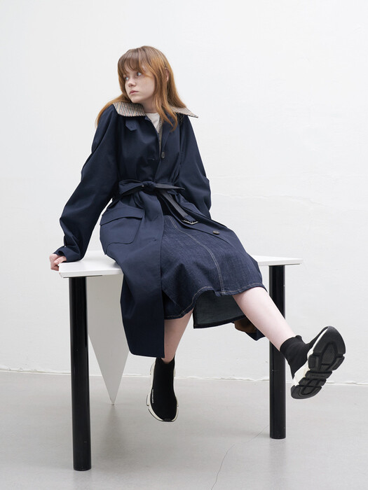 21 Fall_Navy Check Collar Oversized Trench Coat