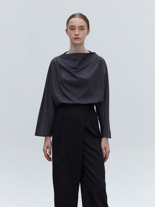 TOF DRAPED WIDE SLEEVE SILKET TOP CHARCOAL