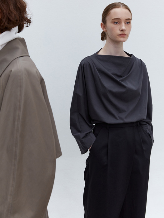 TOF DRAPED WIDE SLEEVE SILKET TOP CHARCOAL