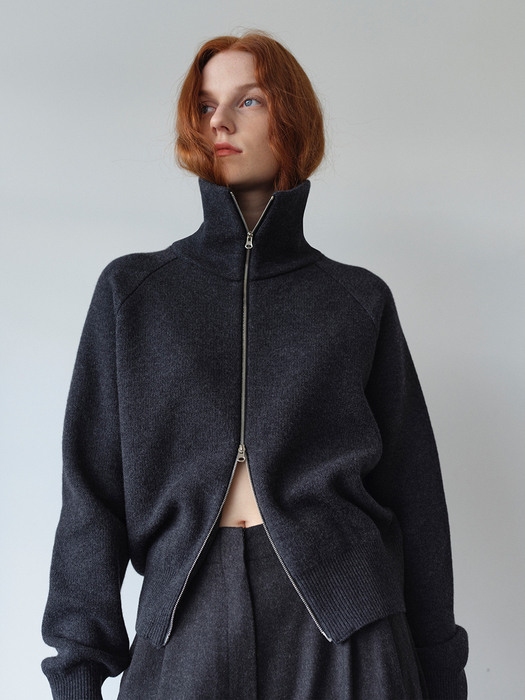 Merino wool 100% zip-up knit / Charcoal