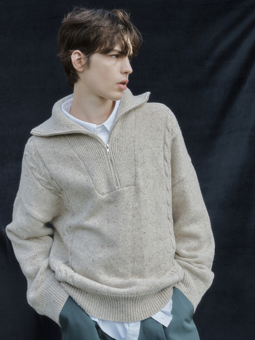 SIDE CABLED TURTLENECK PULLOVER OATMEAL