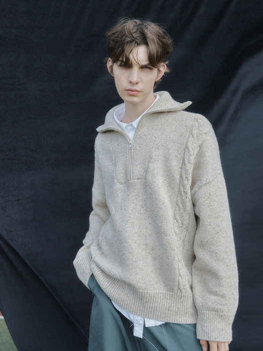 SIDE CABLED TURTLENECK PULLOVER OATMEAL