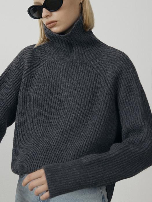 UNISEX RIBBED FUNNEL NECK WOOL SWEATER DARK CHARCOAL_UDSW1D113G3