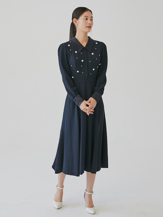 ESTELLE Beaded flare dress (Deep Navy)