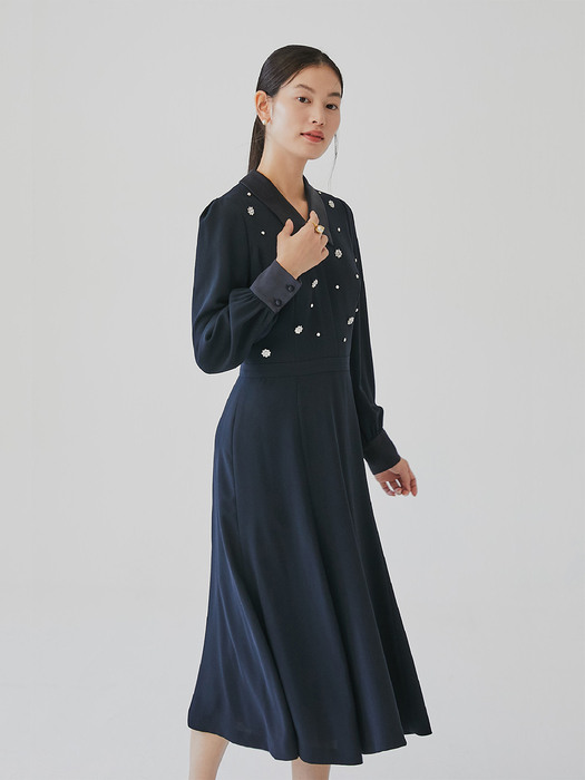 ESTELLE Beaded flare dress (Deep Navy)