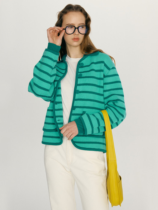 LUCKY Stripe knit cardigan (Turquoise&Teal green)