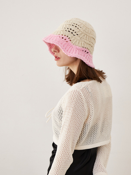 Shell Knit Bucket Hat (Ivory & Light Pink)
