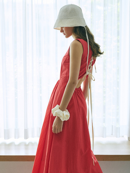 Strap Shirring Sleeveless Dress, Coral