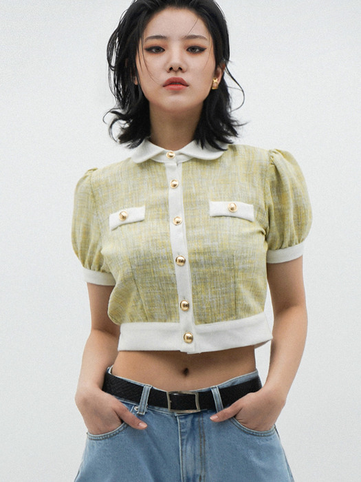 Balloon-Sleeve Cropped Tweed Blouse_UWS-SS04 