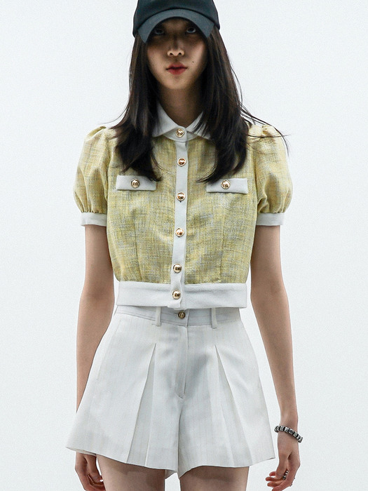 Balloon-Sleeve Cropped Tweed Blouse_UWS-SS04 