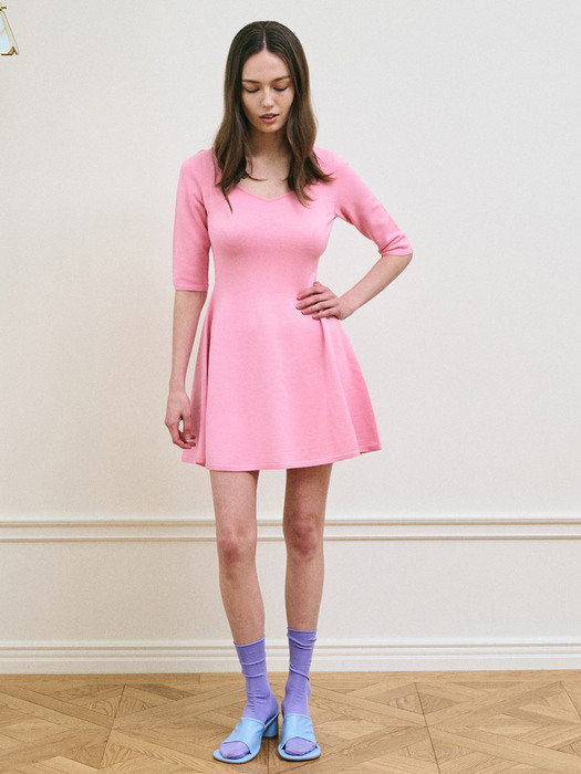 Magic Line Square Neck Knit Dress - Pink