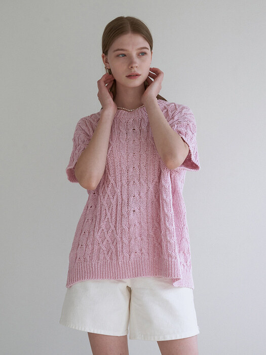 Back point half sleeve knit - pink