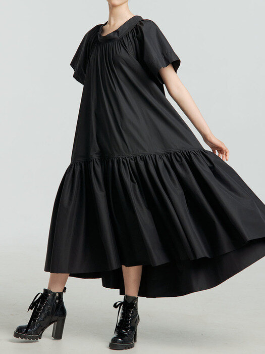 CLAUDIA BLACK COTTON-BLEND BACK STRAP SHIRRING DRESS