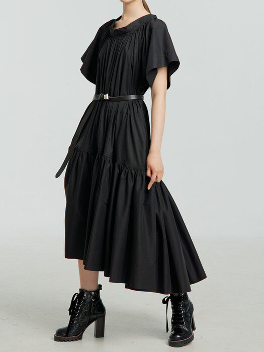 CLAUDIA BLACK COTTON-BLEND BACK STRAP SHIRRING DRESS