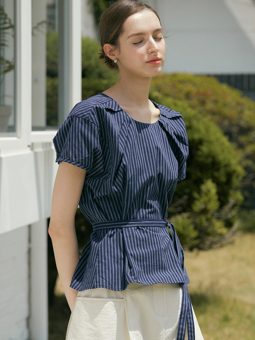 comos 696 cap sleeve belted blouse (navy stripe)