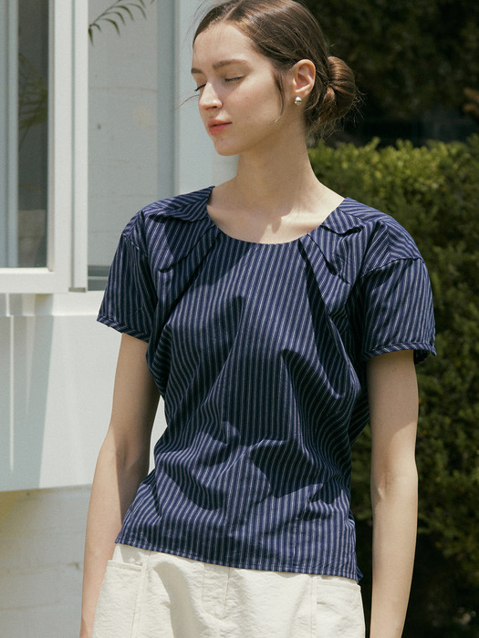 comos 696 cap sleeve belted blouse (navy stripe)