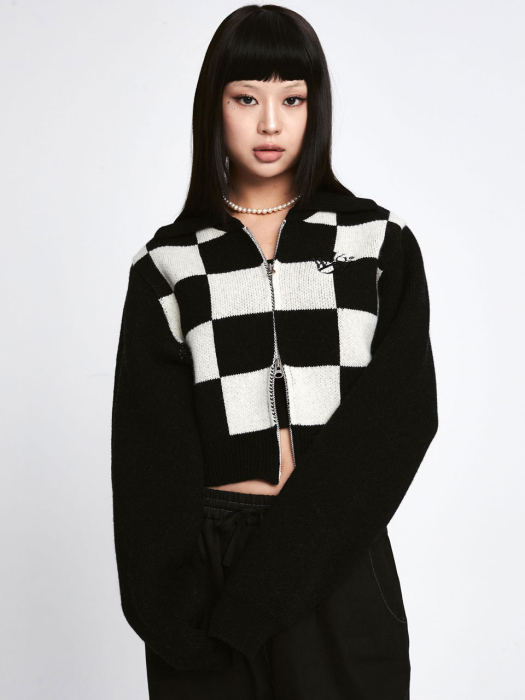 Wool Checkerboard Knit Zip-up [Black]