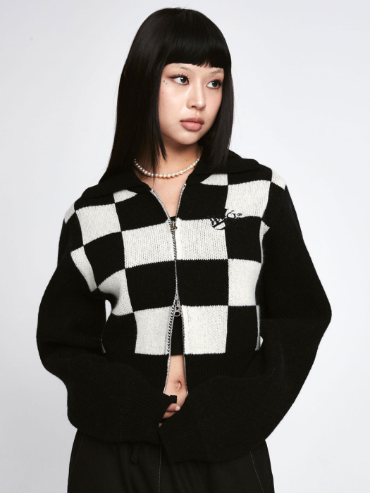 Wool Checkerboard Knit Zip-up [Black]