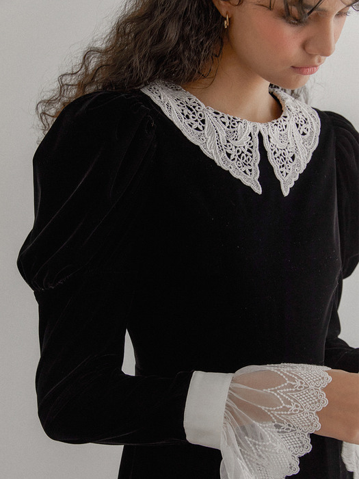 Mutton Sleeve Lace trim Velvet Long Dress