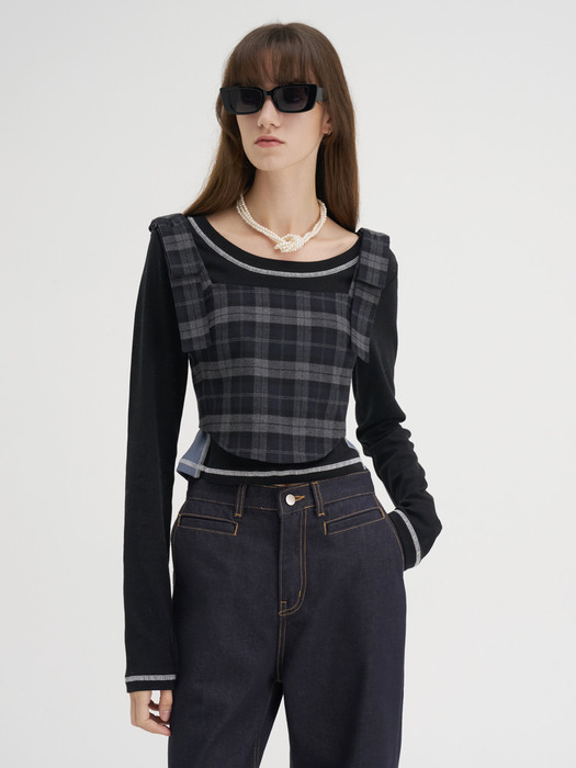 22 Winter_ Navy Check Bustier Top