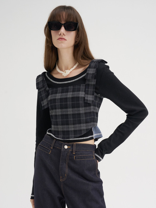 22 Winter_ Navy Check Bustier Top