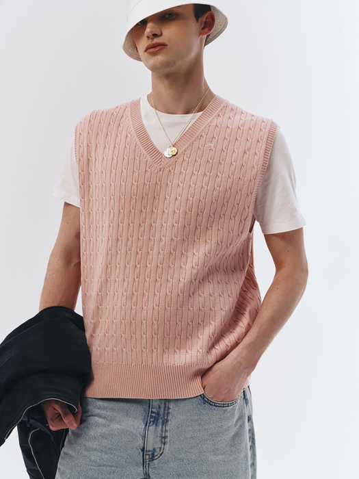 UNISEX V-NECK CABLE KNIT VEST PINK_M_UDSW3A101P2