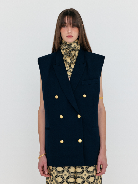 WINSTON Oversized Double-Breasted Vest with Scarf - Navy