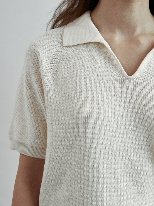 Cotton linen half sleeves collar knit [IVORY]