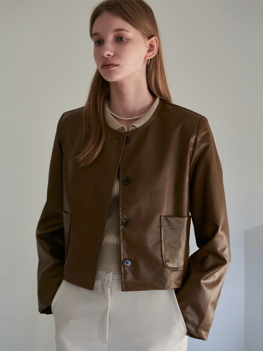 ECO LEATHER ROUND JACKET_BROWN