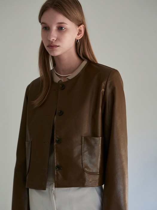 ECO LEATHER ROUND JACKET_BROWN