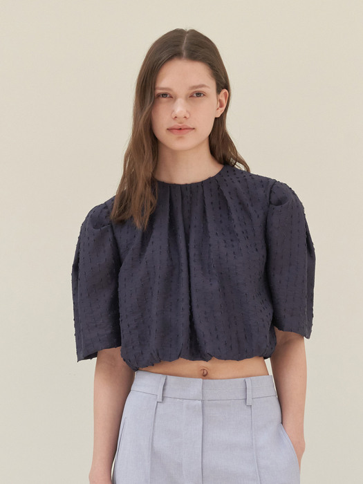 PUFF SLEEVED CROPPED BLOUSON BLOUSE_NAVY