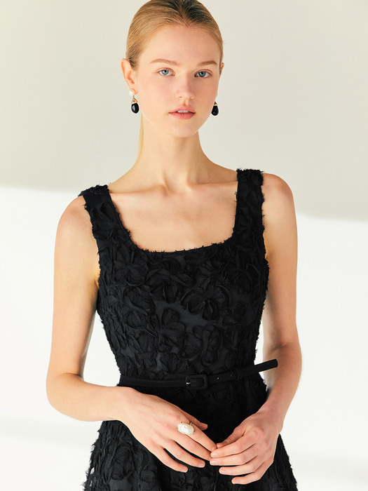 BELLAMY Floral chiffon sleeveless flared long dress (Black)