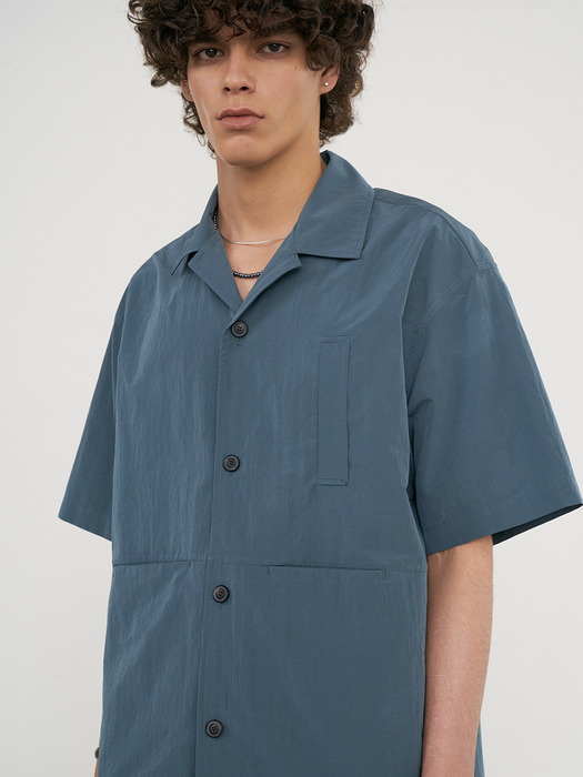 Line Pocket Open Collar Half Shirts (Blue)