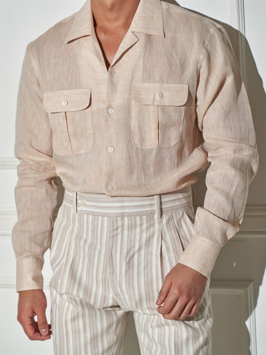 Open-collar Linen Shirts Beige / ALCSH006