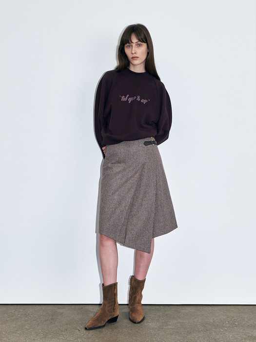 Diagonal Pleated Wool Skirt, Purple