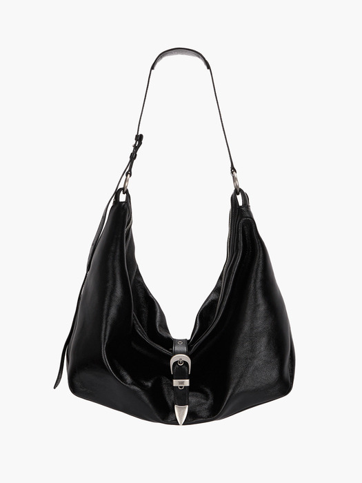 BELTED HOBO_black glossy plain