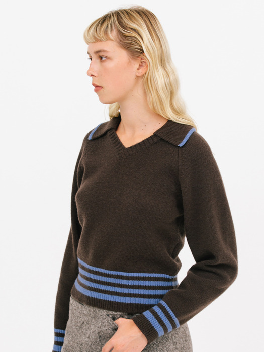 open collar stripe knit_choco
