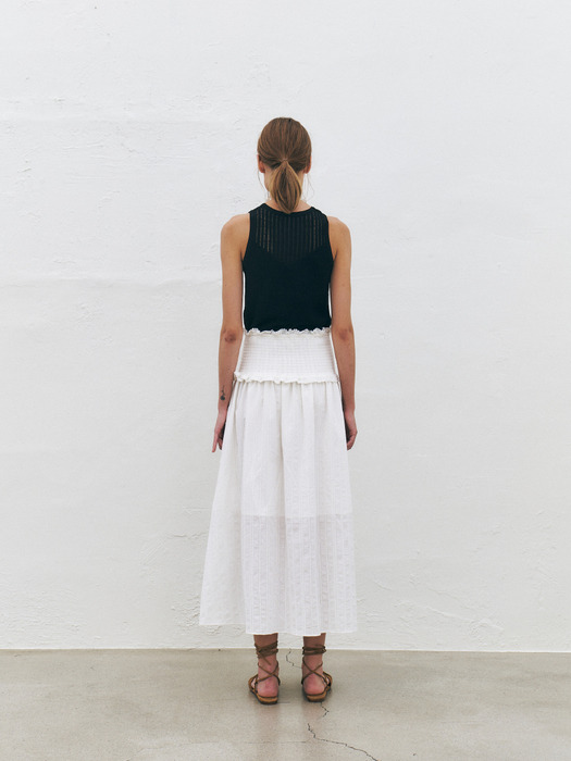 Smocked Cotton Long Skirt, Ivory
