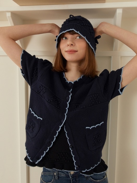 ribbon embossing cotton cardigan navy