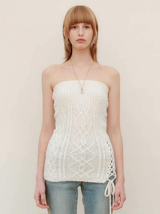 LACE UP BOUCLE KNIT TUBE TOP - IVORY