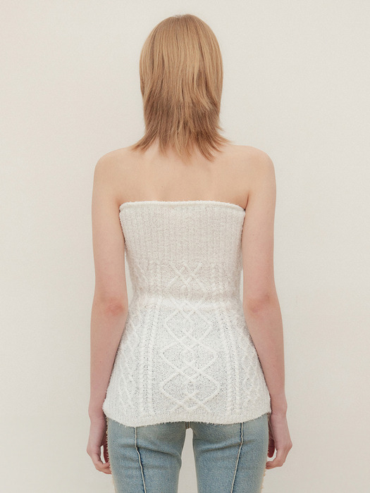LACE UP BOUCLE KNIT TUBE TOP - IVORY