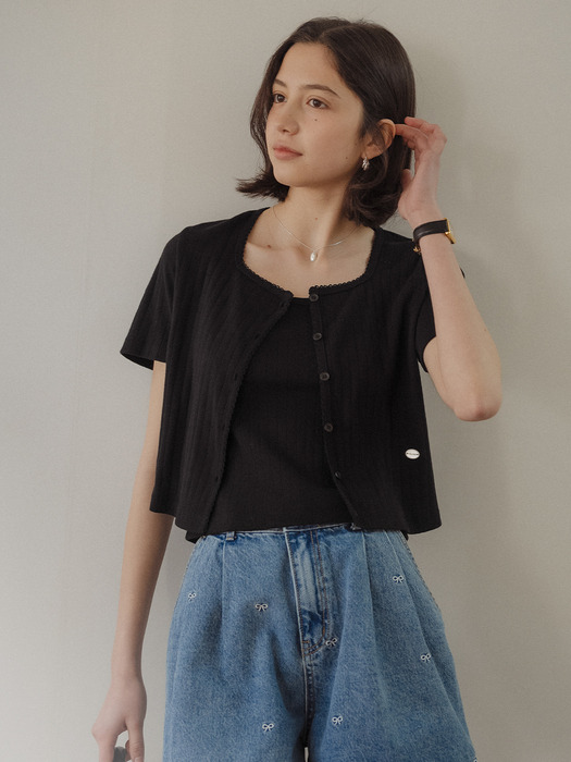 Sleeveless set half sleeve eyelet cardigan_Black