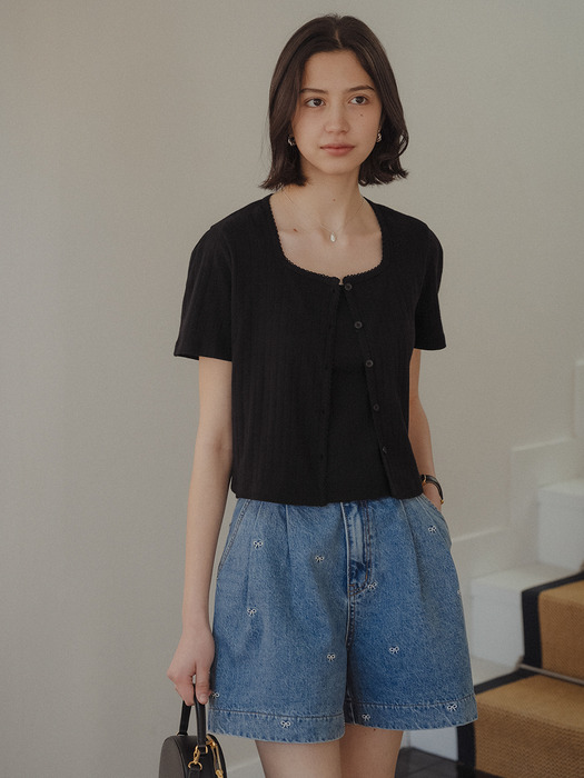 Sleeveless set half sleeve eyelet cardigan_Black