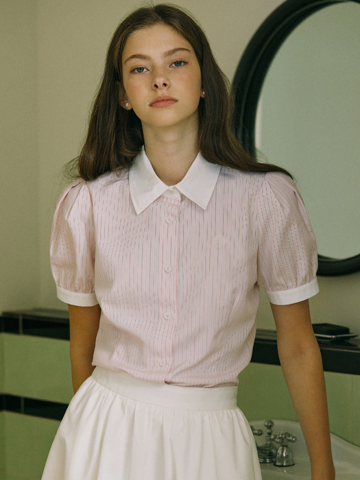 Puff Half Sleeve Stripe Shirt - Pink